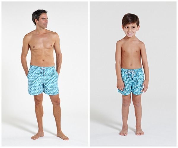 Tom & Teddy blue waves matching swim trunks for dad and son