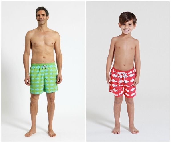 Tom & Teddy red and white fish and blue and green fish matching swim trunks for dad and son