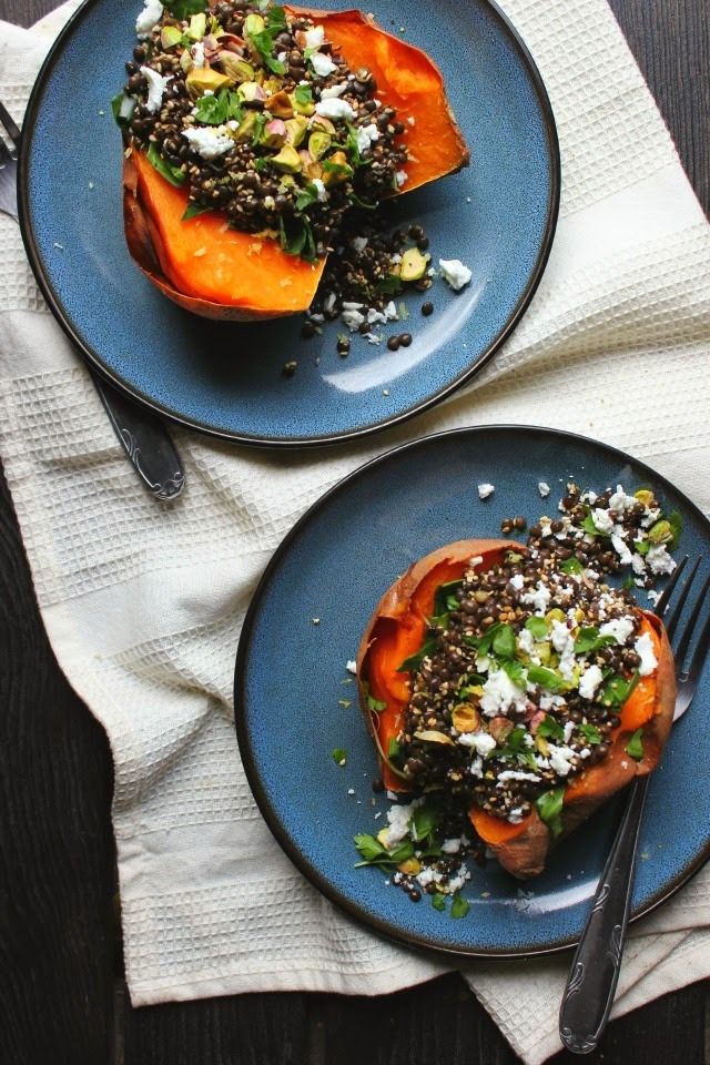 High-protein vegetarian recipes: Lentil Stuffed Sweet Potatoes with Chard, Feta & Pistachios | Happy Hearted Kitchen