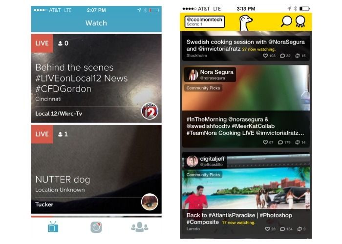 Periscope and Meerkat app main feed