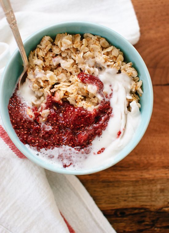 Swirl your oats with strawberry jam, chia seeds and coconut whipped cream to kick your day off with a bang | Cookie + Kate