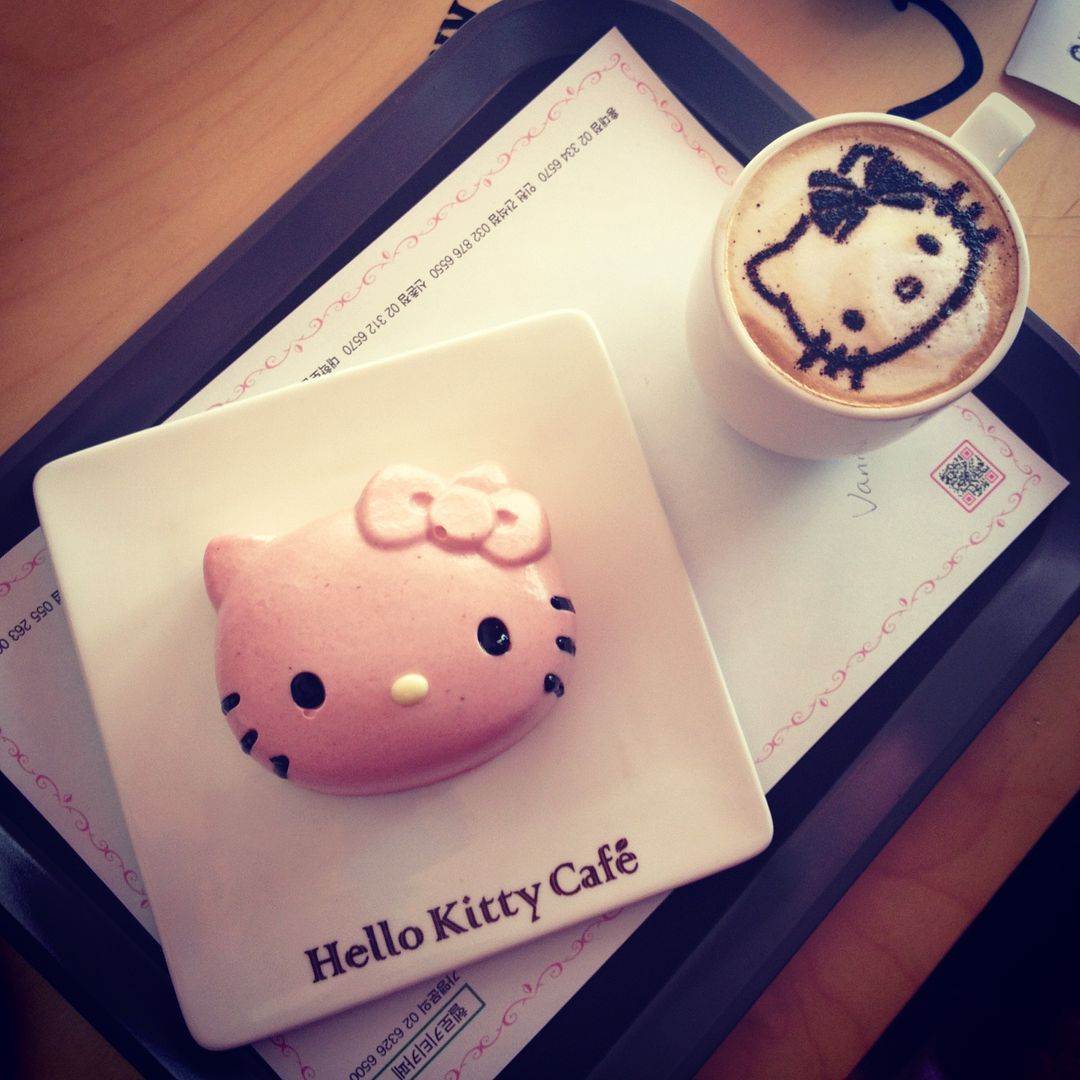 Strawberry cake and the cutest latte ever at the Hello Kitty Cafe in Seoul | seafaringwoman on Flickr