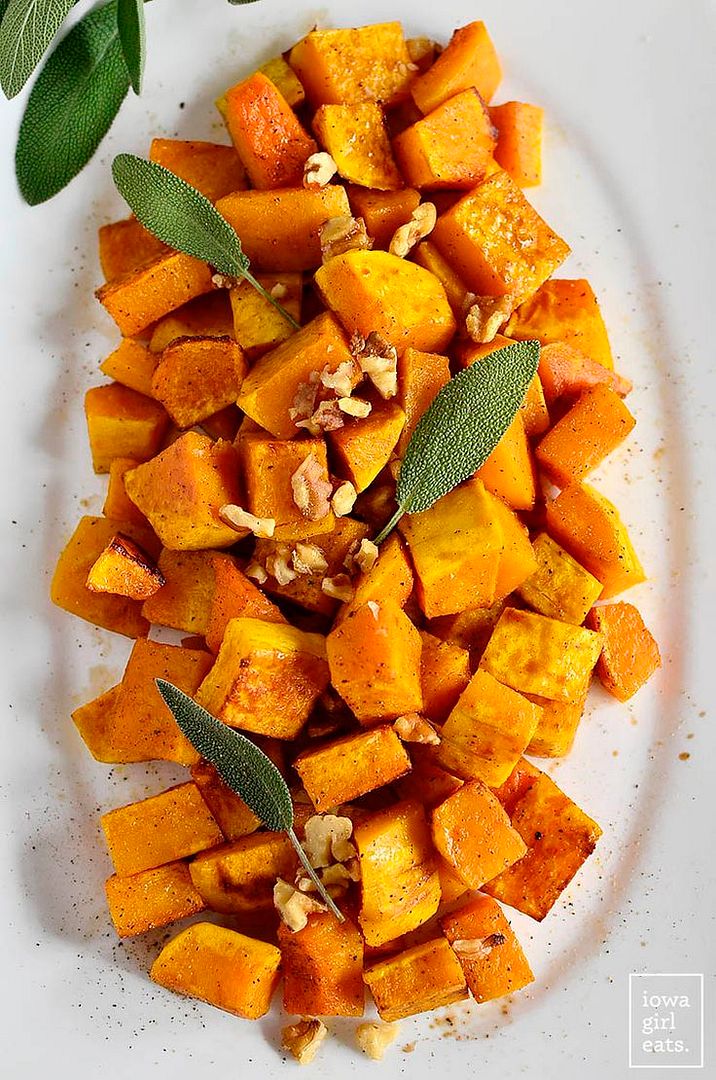 Loads of fall flavor in this Roasted Balsamic Butternut Squash vegetarian recipe - perfect for Thanksgiving! | Iowa Girl Eats