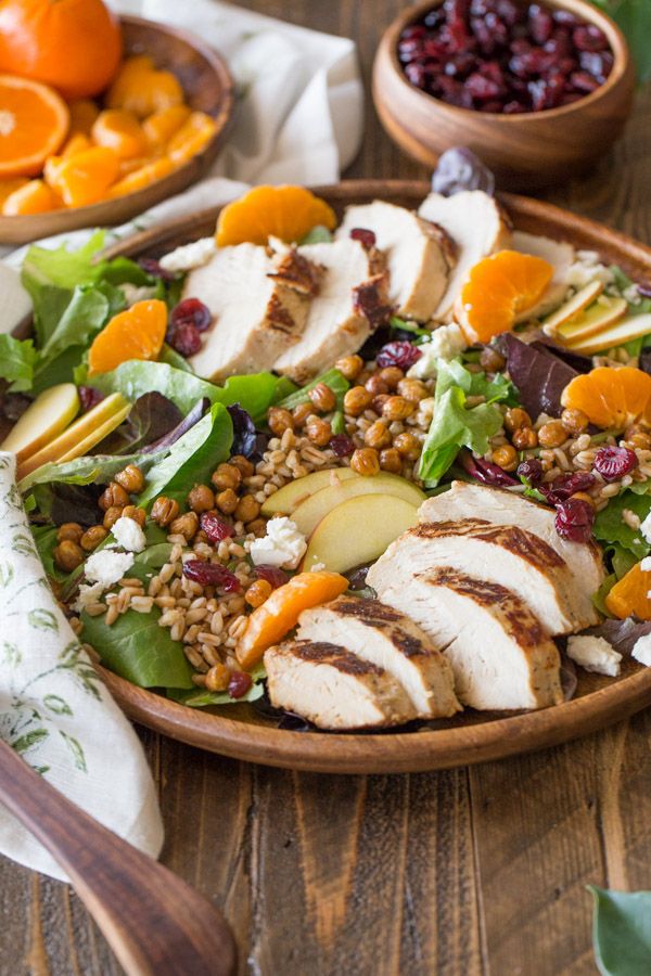 Turkey Farro Salad with Candied Chickpeas and Clementine Vinaigrette at Lovely Little Kitchen