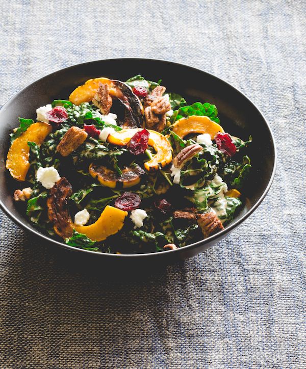 Kale Salad with Roasted Delicata Squash = perfect for Thankgsgiving and holiday entertaining | at Healthy Seasonal Recipes