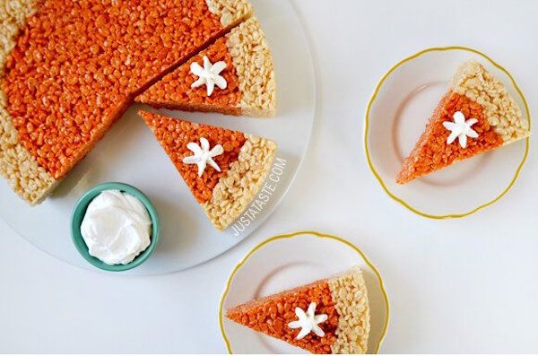 "Pumpkin Pie" Rice Krispies Treats are a hilarious and easy Thanksgiving dessert for kids who might not want the real thing. (Fine, more for us.)| Just a Taste
