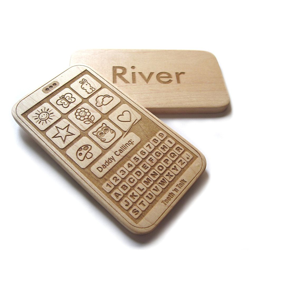 Cool geeky baby gifts: Handmade smart phone wooden teething toy. Personalized too! 