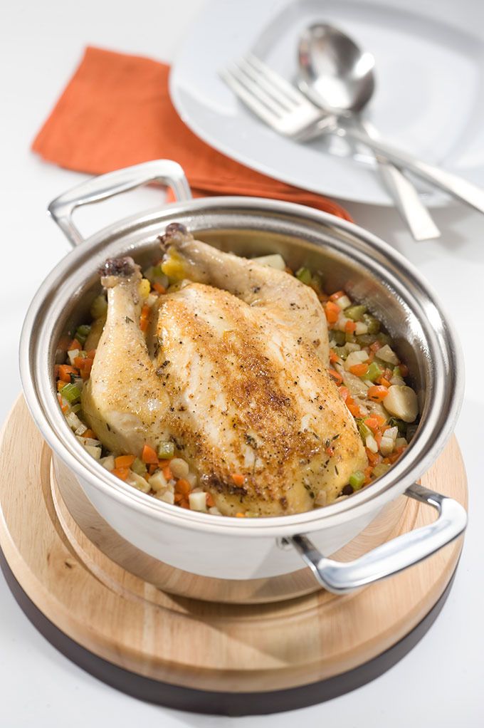 Roasted chicken for dinner, with no added fats or lost nutrients, using 360 Cookware's vapor cooking method.