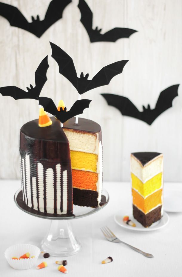 Halloween cake + Halloween candy inspiration = A gorgeous Candy Corn Tuxedo Cake | Sprinkle Bakes