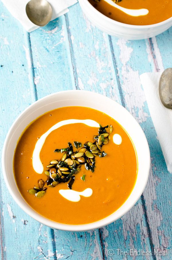 One of our favorite ways to use pumpkin seeds: Top soup! Spicy Harissa and Butternut Squash Soup with Pepitas and Crispy Mint | The Endless Meal