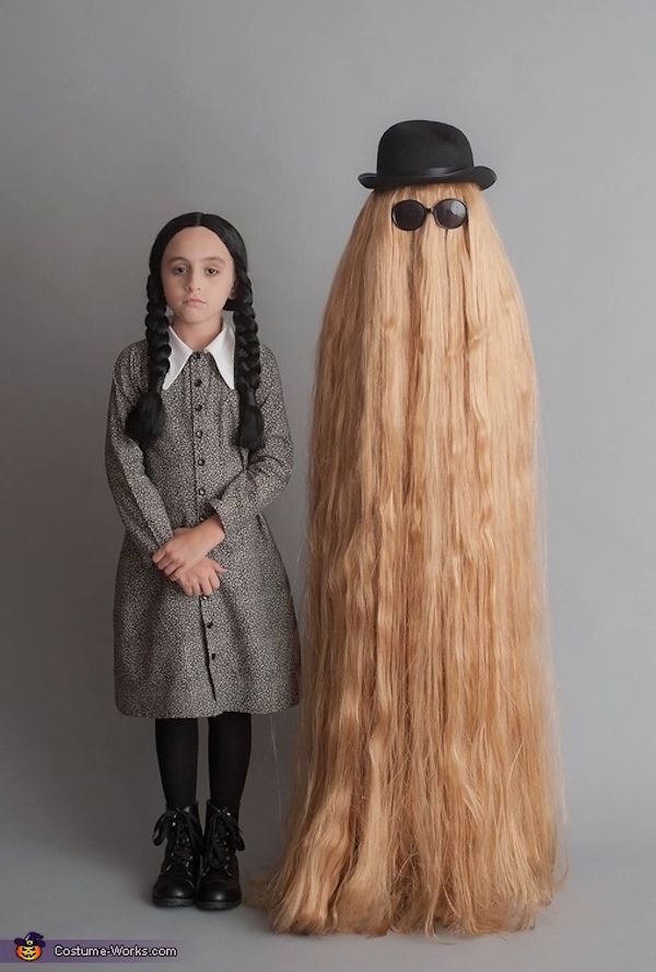 Creative sibling Halloween costumes: Wednesday Addams and Cousin It at Costume Works