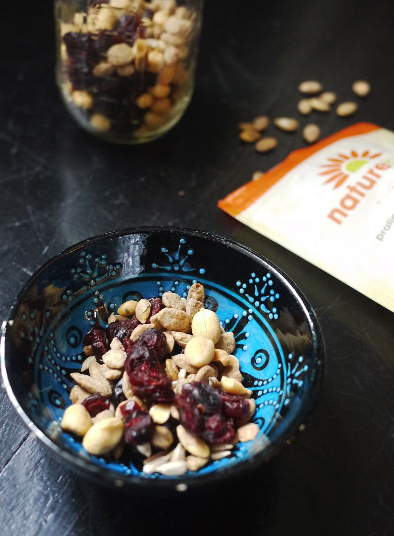Quick fancy nut mix idea; Mix Praline Pumpkin Seeds from NatureBox in with any salted nuts and dried cranberries 