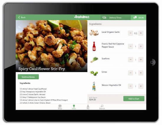 Fresh Direct grocery delivery service lets you shop from their recipes.