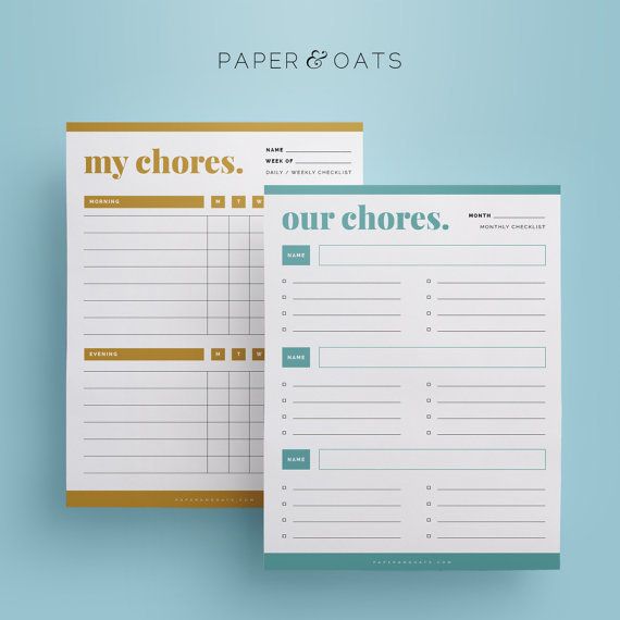 Weekly and monthly printable chore charts for kids from Paper and Oats on Etsy