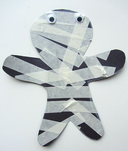Easy Halloween crafts for preschoolers: Masking tape mummy at No Time For Flash Cards