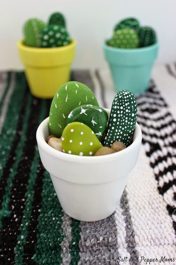Fall nature crafts for preschoolers: painted rock cactuses at Salt and Pepper Moms