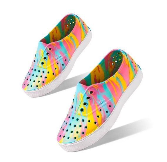 Cool water shoes for kids: Native's Miller rainbow tie-dye slip on water shoes