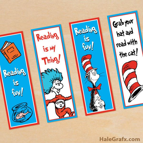 Cat in the Hat birthday party favors: free printable bookmarks by Hale Grafx