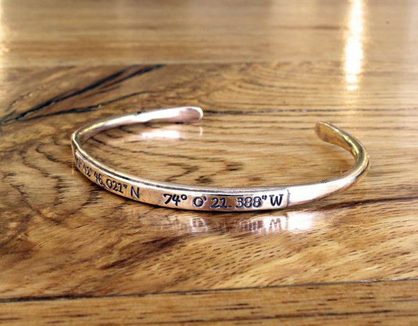 Affordable graduation jewelry gifts under $75: Travelers bangle with longitude and latitude markings by HeidiJHale
