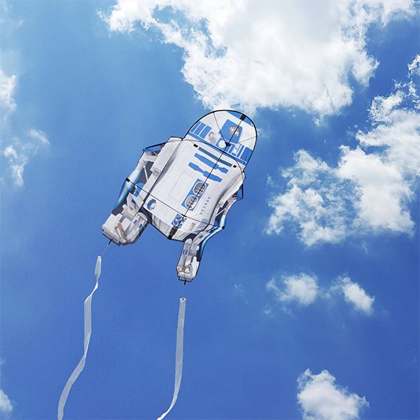 R2D2 Star Wars kite floating in the sky; available at Think Geek