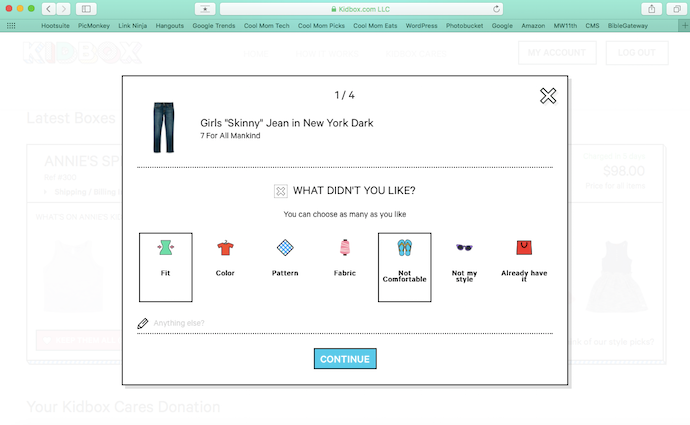 You can give feedback on items you purchase with the Kidbox kids' clothing subscription service.