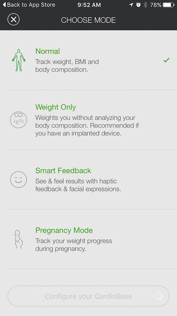 Choose your mode -- from full BMI reports to pregnancy mode -- in the Qardio Base smart scale.