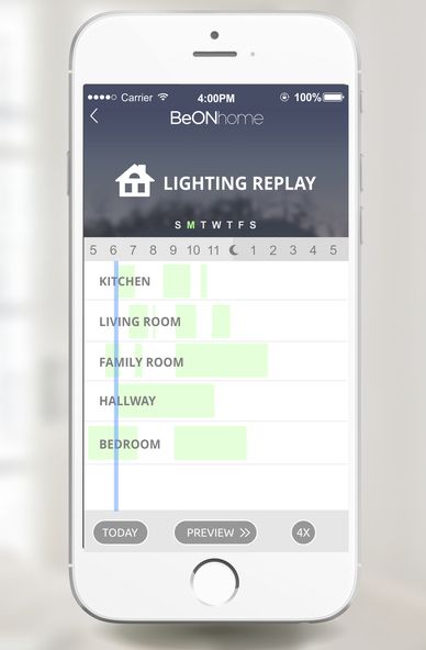 The BeON Home app learns your home lighting habits, and replays them for natural home security when you're away.