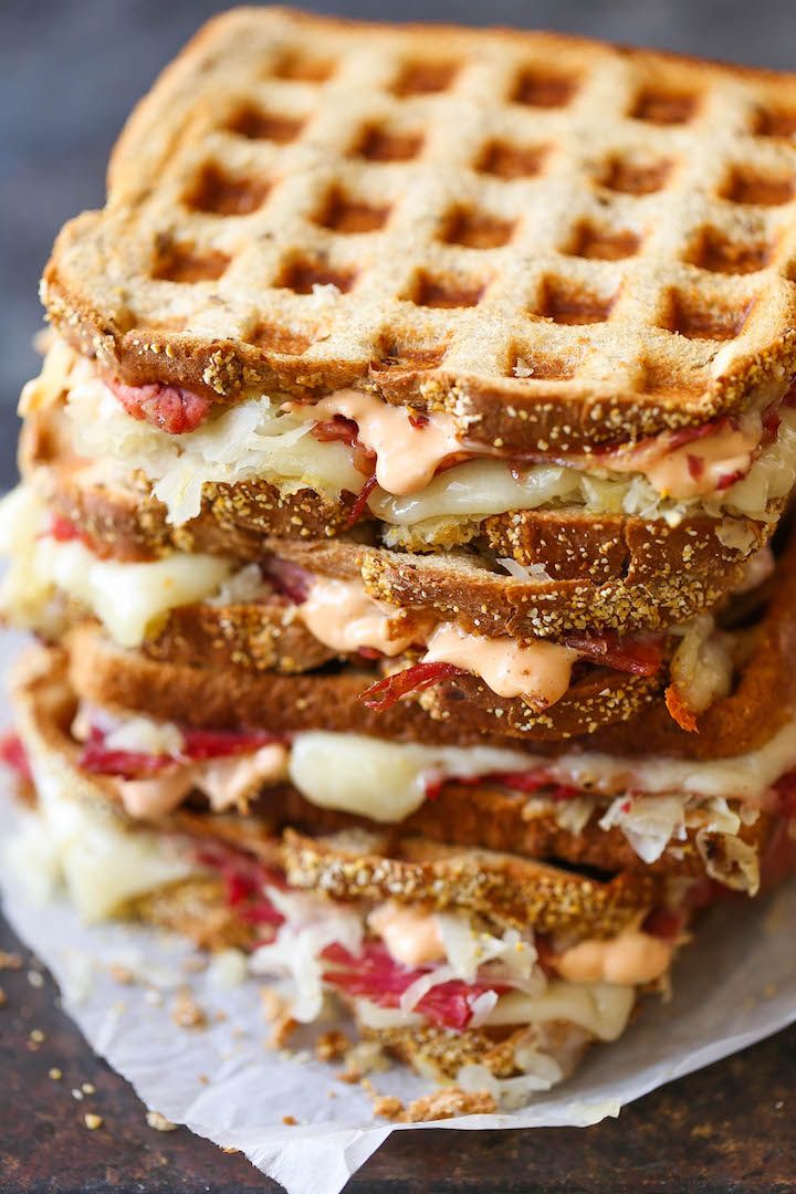 Cool Mom Eats weekly meal plan: Ditch pizza this week and make these Rueben Grilled Cheese sandwiches in your waffle iron instead! So easy, so fun. | Damn Delicious