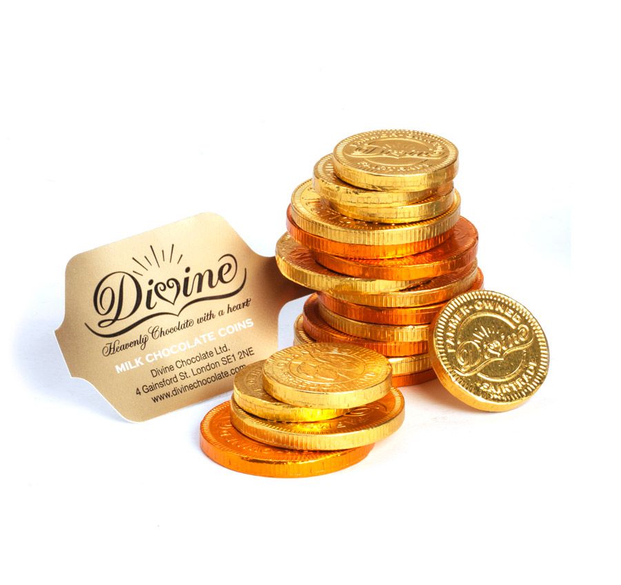Gold Coins from Divine Chocolate, owned by a coop of Ghanian farmers, give back in a big way.