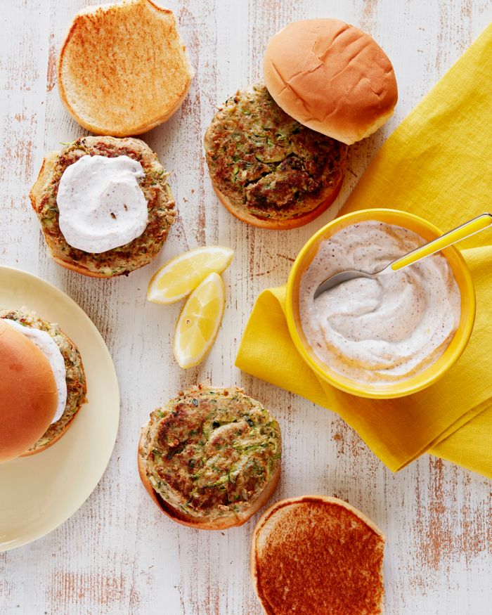 A fun, but still kid-friendly twist on turkey burgers, these Turkey Zucchini Burgers with Sumac Yogurt make a delicious, easy weeknight dinner | Weelicious