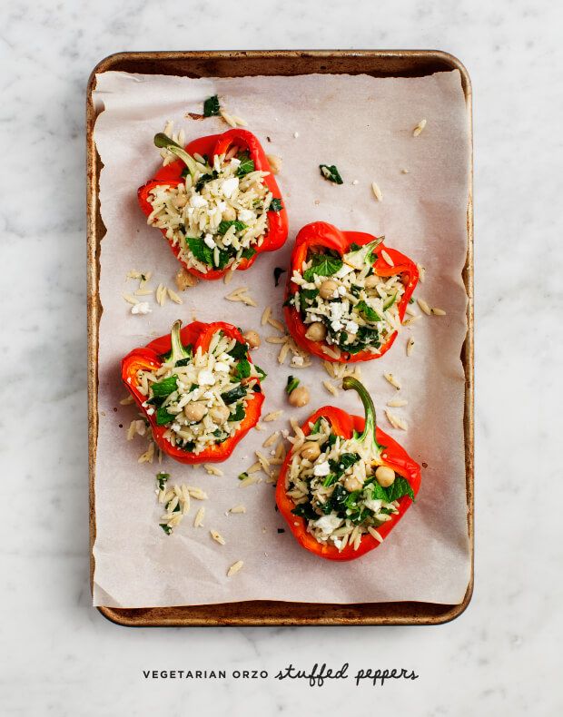 Meatless meals for the family are easy with simple recipes like this Vegetarian Orzo Stuffed Peppers. The filling alone can serve as dinner (and will for the picky eaters!) | Love & Lemons