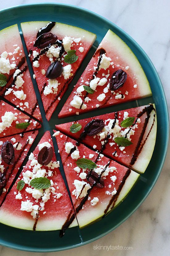 Making a watermelon "pizza" like this one from Skinny Taste is one of our favorite watermelon hacks because you can go sweet or savory. Either way... delicious! 