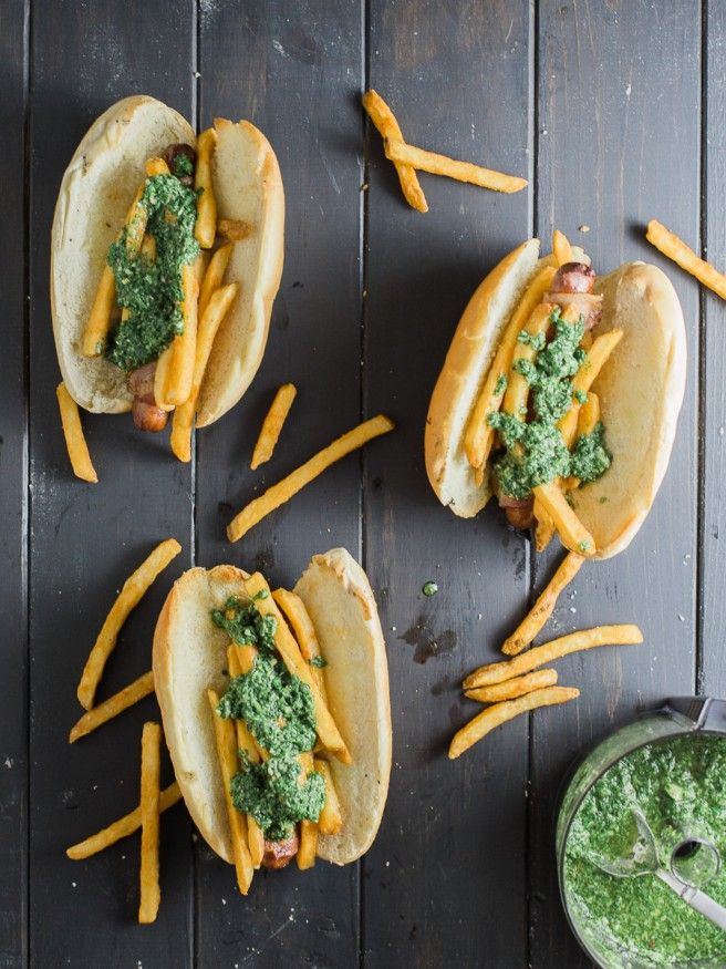 Summer perfection? We think so! (Especially if you're looking for Father's Day recipes): Bacon Wrapped Hot Dogs with Chimichurri Fries | Dad With a Pan