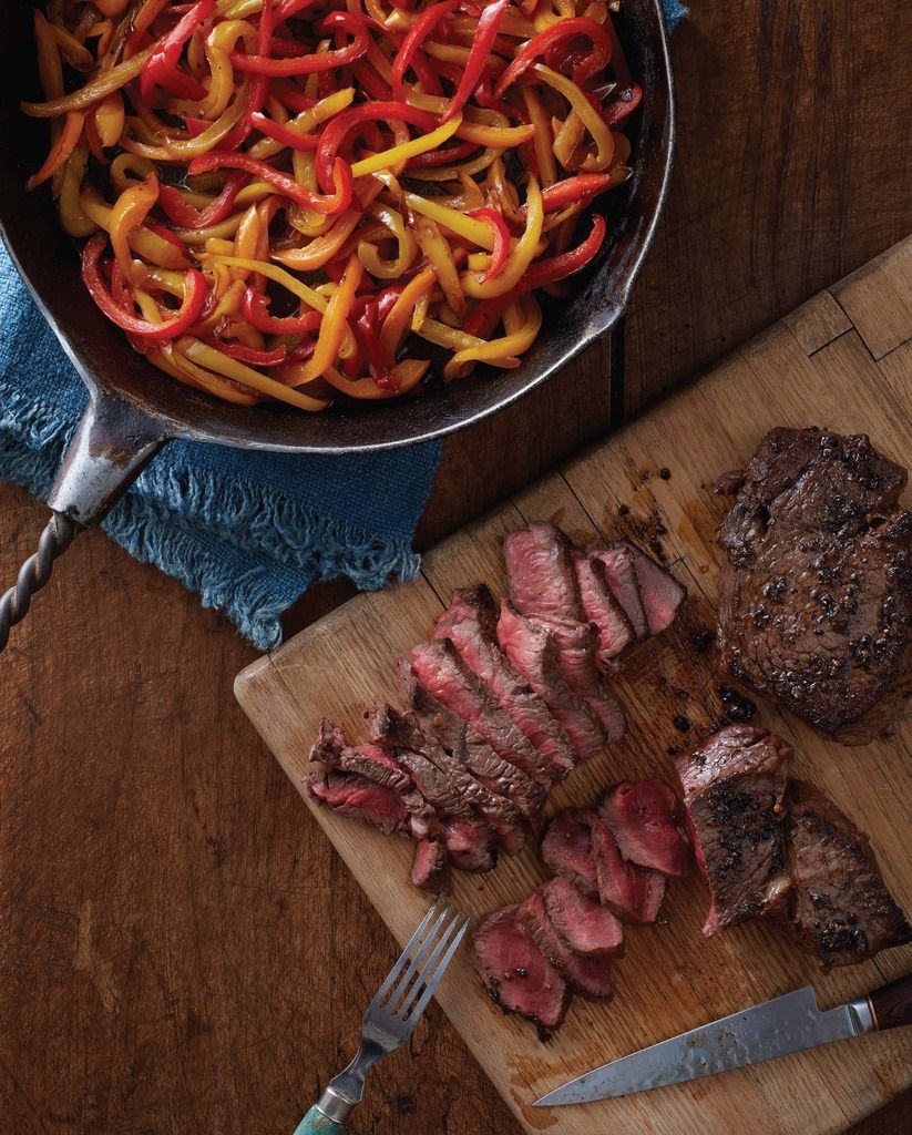 A simple, festive way to ring in a summer weekend: Steak with Sweet and Sour Peppers from the Make It Easy Cookbook by Stacie Billis