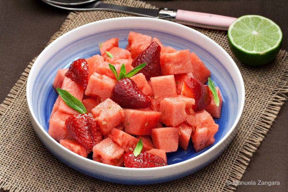 Easy tips for keeping kids hydrated: feed them snacks with high water content, like this watermelon and strawberry salad at Manu's Menu