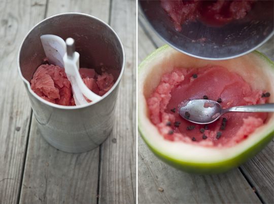 Genius! Make Watermelon Lime Sorbet using this recipe, then follow the how to for refreezing it in the rind to make slices that the kids can eat easily. | Food For My Family