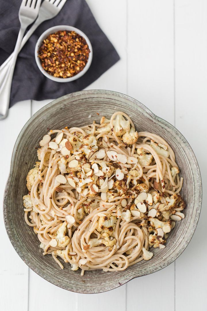 A perfect #MeatlessMonday summer meal: Cauliflower Pasta with Lemon-Almond Sauce at Naturally Ella - just one of this week's meal plan finds on Cool Mom Eats