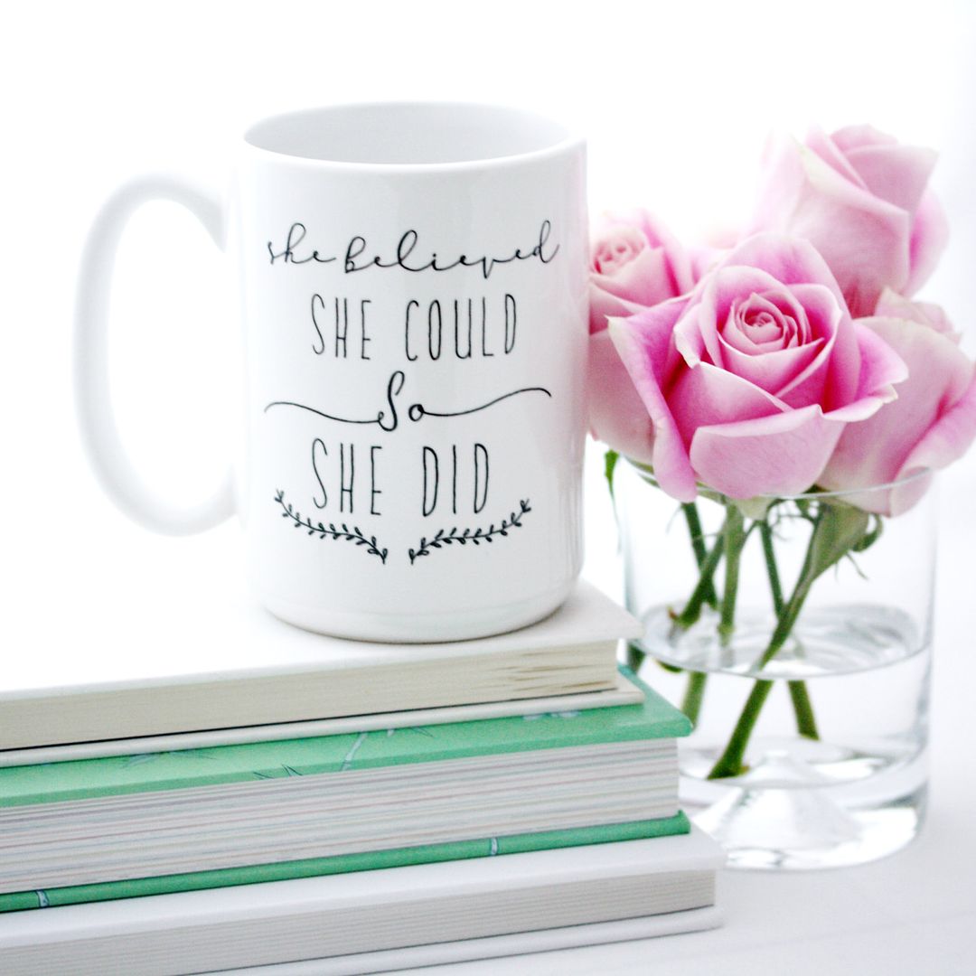 Milk & Honey Luxuries' She Believed She Could motivational coffee mug on Etsy
