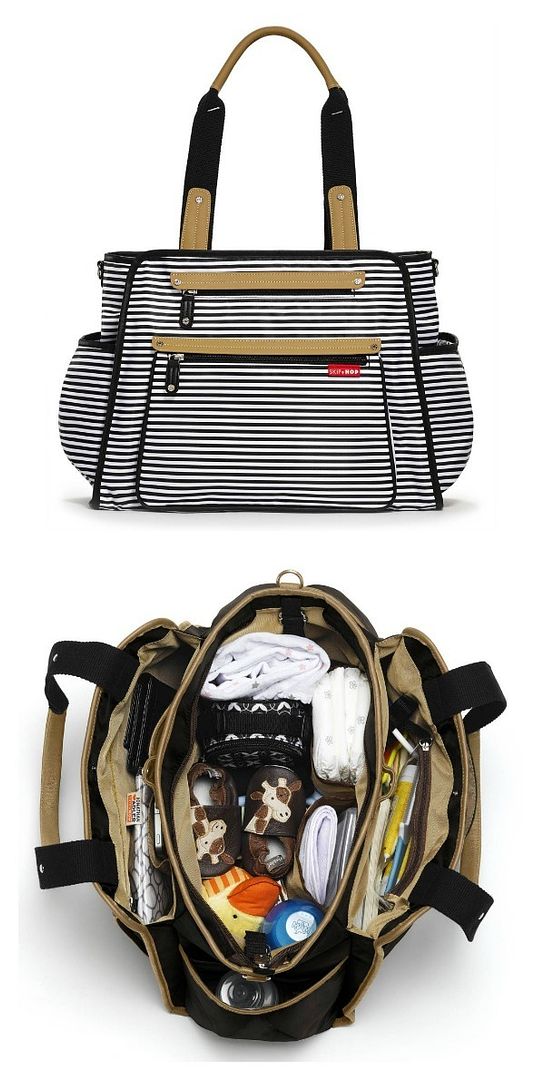 You can have tons of space but still stay organized with the black-and-white Grand Central diaper bag from Skip Hop.