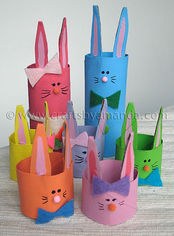 Make this easy Easter bunny family from Crafts by Amanda with cardboard tubes you have at home.