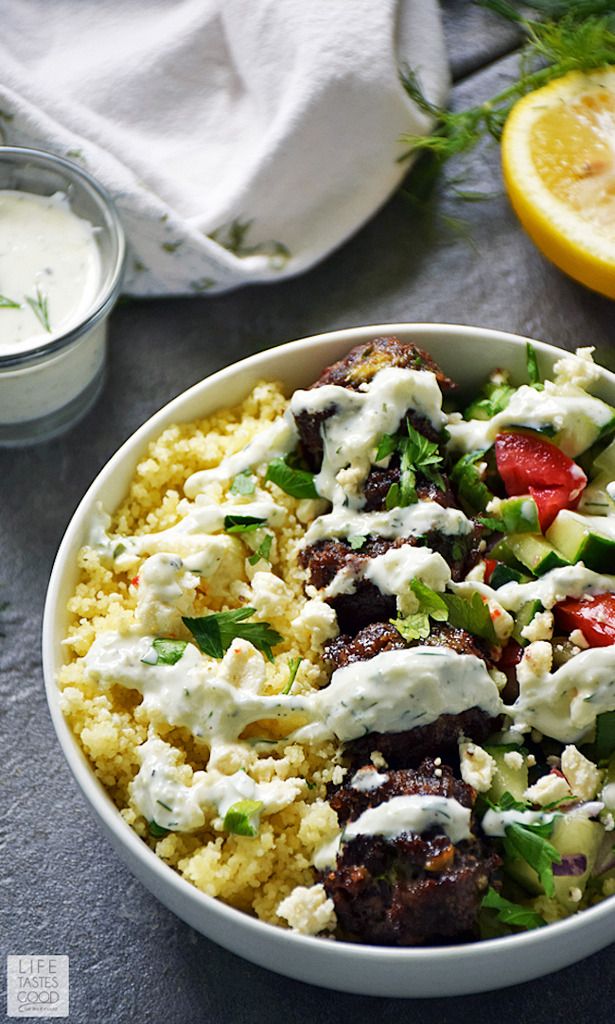 Cool Mom Eats weekly meal plan: The best part of this Greek Bowl with Meatballs over Couscous at Life Tastes Good is that it makes for a great packed lunch the next day too. Here's how! 