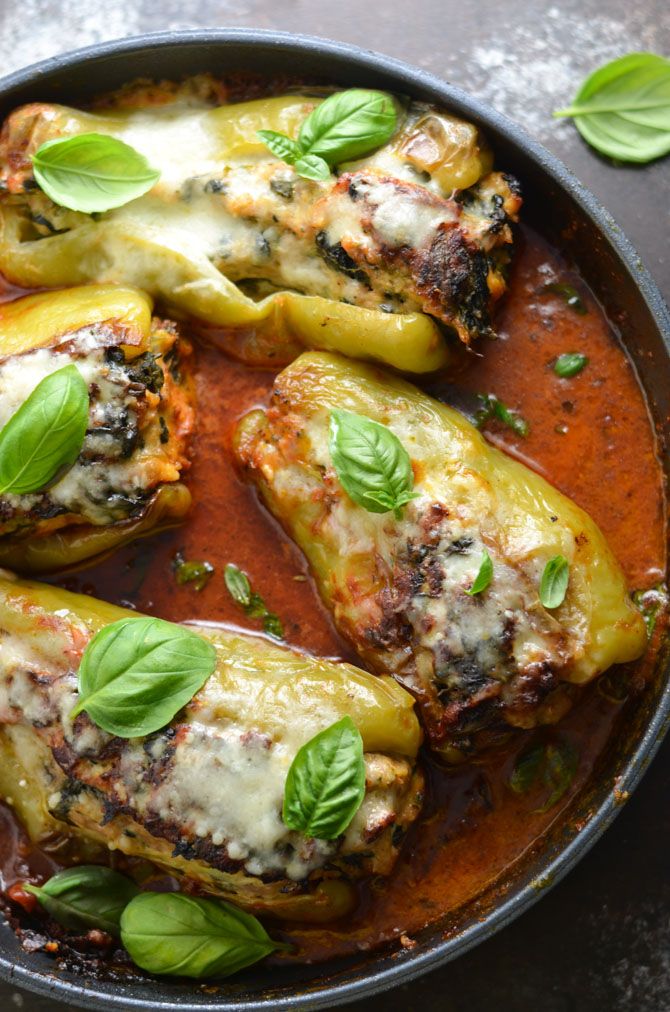 Cool Mom Eats weekly meal plan: Saucy Skilled Chicken Sausage and Spinach Stuffed Peppers | Host the Toast