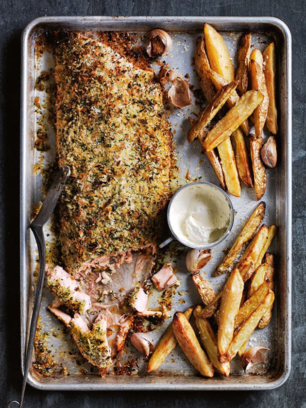Cool Mom Eats meal plan: This Fennel Crusted Salmon with Garlic Roasted Potatoes may look elegant, but it's a quick sheet pan meal that will save you on even the busiest nights. 