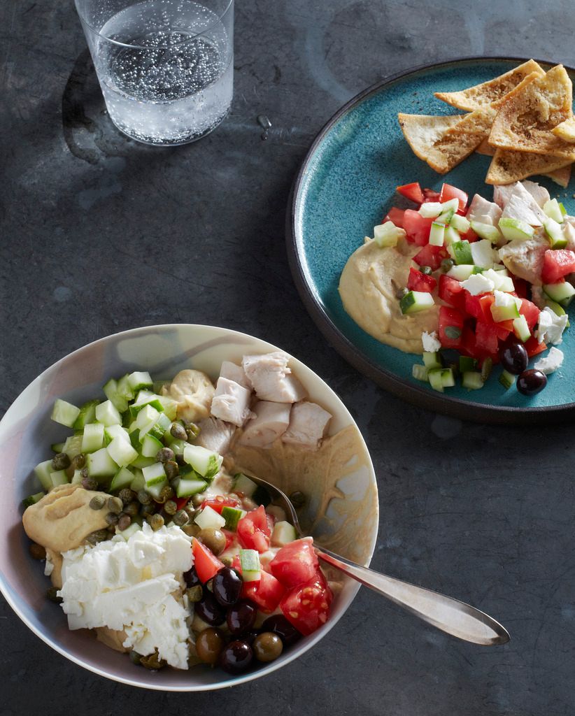 Cool Mom Eats weekly meal plan: Every good meal plan has at least one delicious no-cook meal on it, like this Chicken Hummus Bowl from the Make It Easy cookbook by Stacie Billis