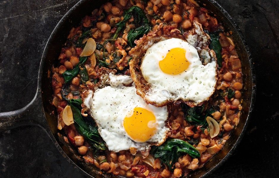 Cool Mom Eats weekly meal plan: Spinach with Chickpeas with Fried Eggs | Photo by Romulo Yanes for Bon Appetit