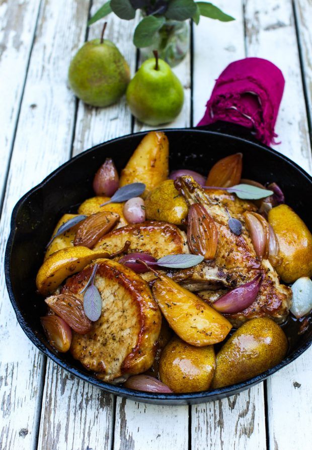 Cool Mom Eats weekly meal plan: Get seasonal with this delicious recipe for Pork Chops with Roasted Pears, Sage and Shallots at Simple Bites
