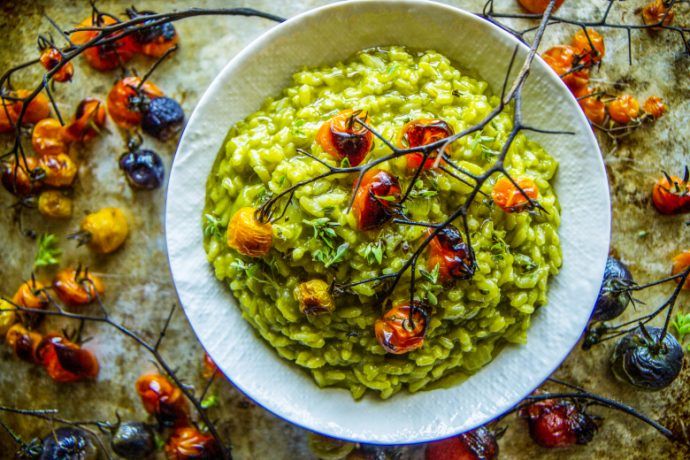 Cool Mom Eats weekly meal plan: Our favorite kid-friendly vegan dinner, Spinach Basil Pesto Risotto by Heather Christo at Pioneer Woman