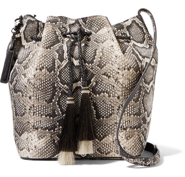 Fringed bag trend for fall: This faux-snakeskin bucket bag by Loeffler Randall is whoa.