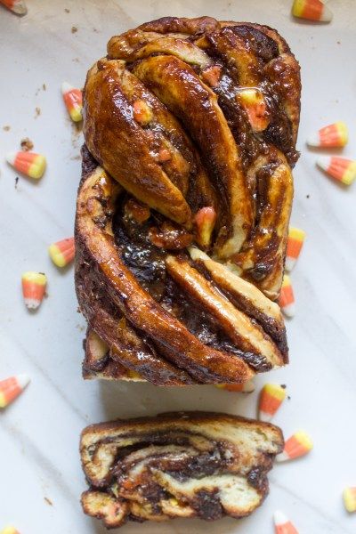 How to use leftover Halloween candy: Try this Chocolate Pumpkin Candy Corn Babka recipe at What Jew Wanna Eat