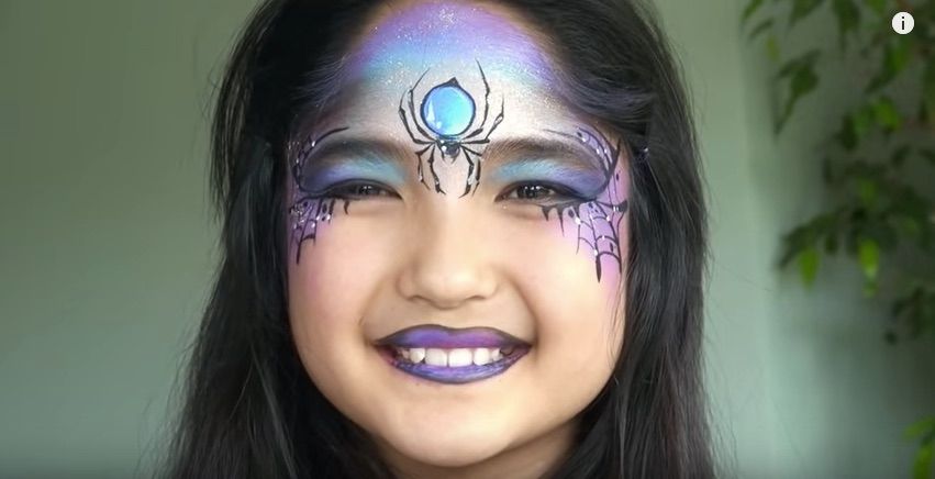 Easy sparkly spider witch Halloween face paint makeup tutorial from SophiesTips.